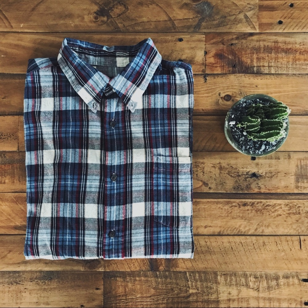 Cotton Plaid Button-Down Shirt | Size L